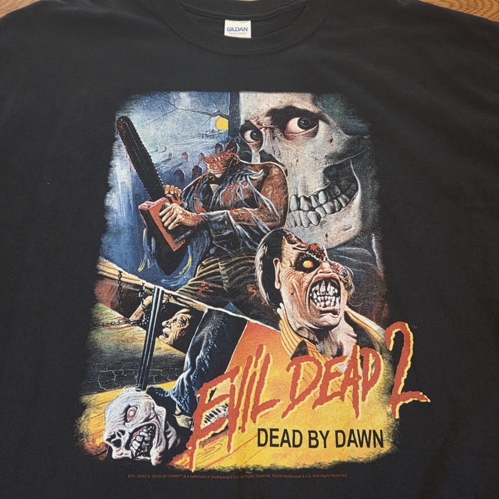 Evil Dead 2 Shirt Men's XL Black Skull Chainsaw Dead By Dawn Short Sleeve 2016